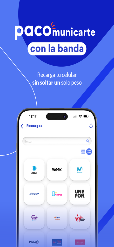 Paco app interface showing mobile phone top up options with various carrier logos.