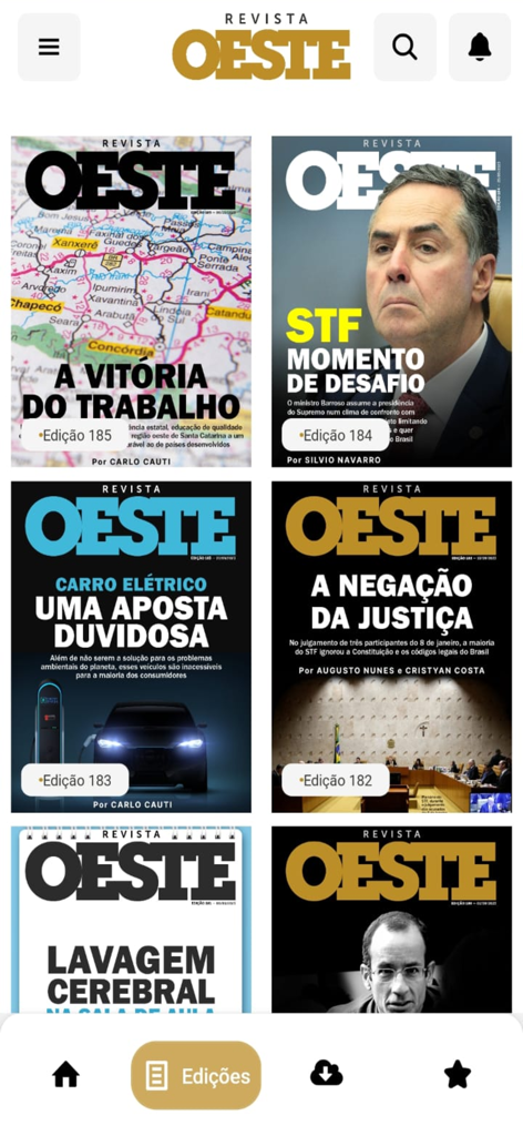 Revista Oeste - Revista Oeste mobile app interface showing a grid of digital magazine covers with news headlines in Portuguese.
