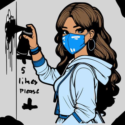 realistic girl with mask spray painting a wall