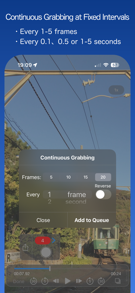 Frame Grab - Interfaccia di cattura continua dell'app Frame Grab che mostra la funzione di cattura continua per estrarre fotogrammi video multipli a intervalli fissi