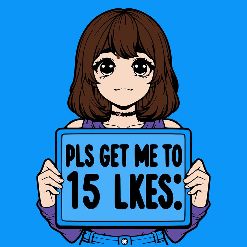 realistic girl holding up a sign that says “pls get me to 15 likes!”