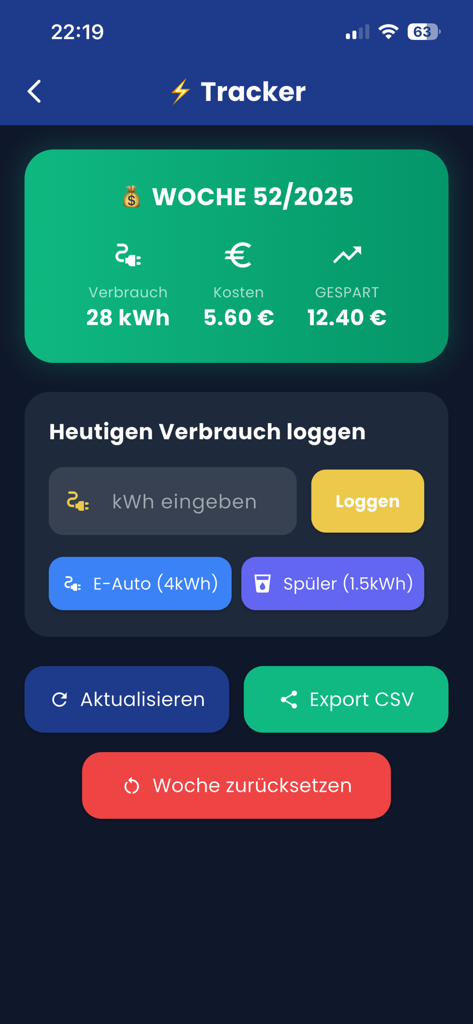 Strompreis Tracker app interface showing weekly electricity consumption costs and savings with manual log buttons for EV and dishwasher.