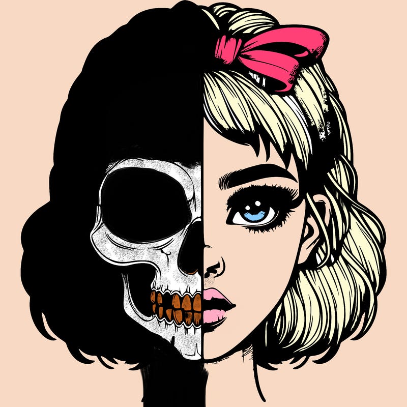 realistic girl with half skull mask