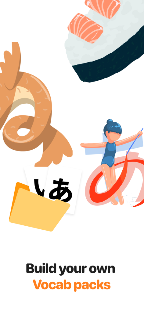 Sensei: Learn Japanese JLPT - Eine Grafik, die benutzerdefinierte japanische Vokabelpakete mit Karteikarten und bunten Illustrationen zeigt