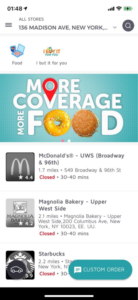 Patio Delivery app interface showing a list of restaurants in New York including McDonald's and Starbucks with a more coverage more food banner
