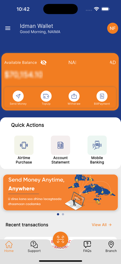Idman Wallet - Écran d'accueil de l'application Idman Wallet affichant le solde du compte et les actions rapides pour les transferts d'argent et les paiements de factures