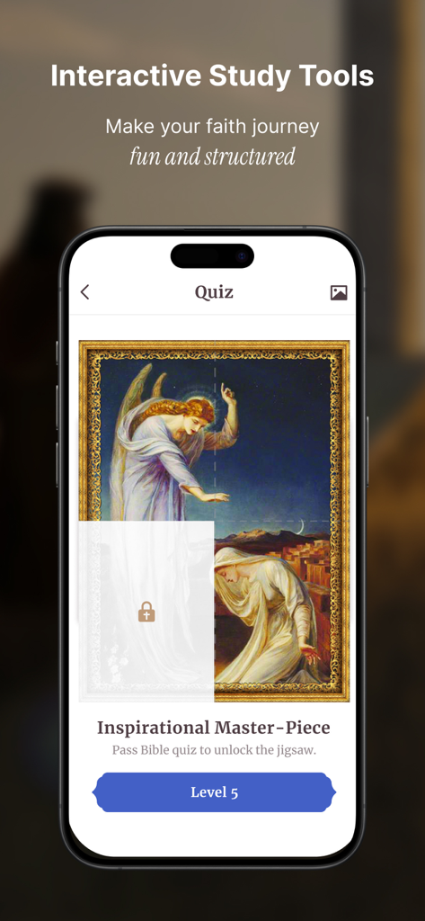 Oremus app interactive study tools showing a religious art jigsaw puzzle quiz