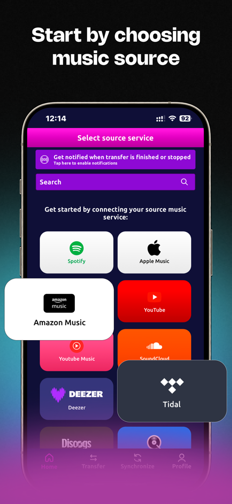 MusConv: Playlist Transfer - Pantalla de la app MusConv mostrando una selección de servicios musicales como Spotify y Apple Music para la transferencia de playlists.
