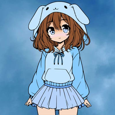 pretty anime girl wearing a fluffy hoodie with bunny ears on the hood and a skirt