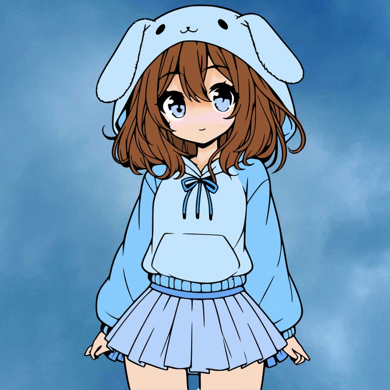 pretty anime girl wearing a fluffy hoodie with bunny ears on the hood and a skirt