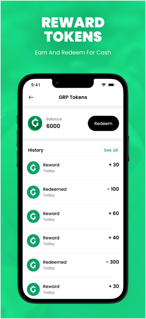 Greep Merchant - Greep Merchant app interface showing GRP tokens balance and reward history