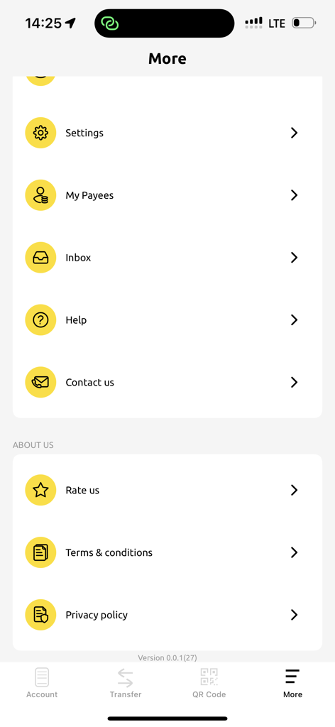 SaoWallet - SaoWallet app more screen displaying settings payees and contact options