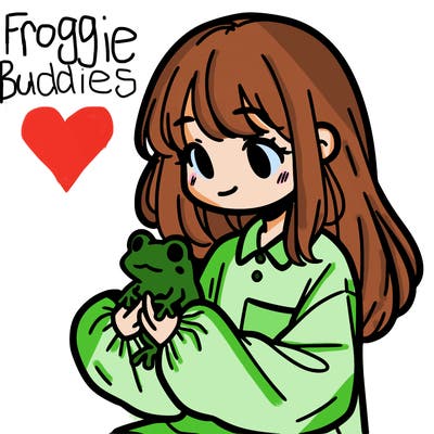 girl with long hair and a oversized shirt. and she is holding a frog