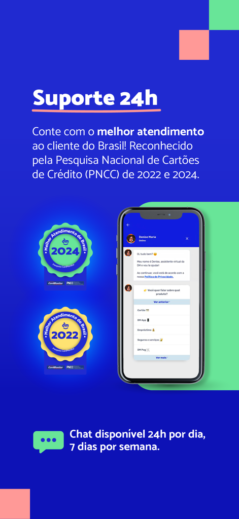 DM App: Conta, Crédito e Pix - DM App screen showing 24/7 customer support chat and award badges for best customer service in Brazil