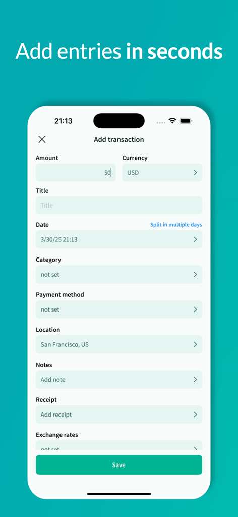 Tripcoin - Travel budget - Mobile interface of the Tripcoin app for adding a travel transaction with currency and category fields