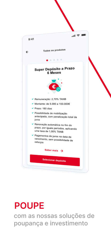 Pantalla de la aplicación móvil de Banco CTT que muestra una oferta de ahorro de depósito a plazo de seis meses