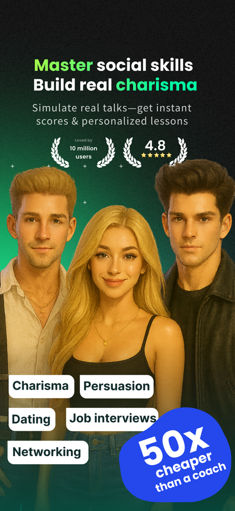 CharmXP: AI Charisma Coach - CharmXP AI charisma coach app main screen showcasing social skill categories and user ratings