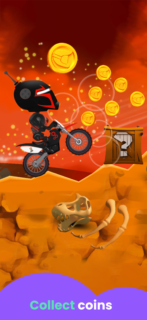 Motorcycle Games Kids: Racing - A character in a black helmet riding a motorcycle and collecting gold coins above a buried dinosaur skeleton