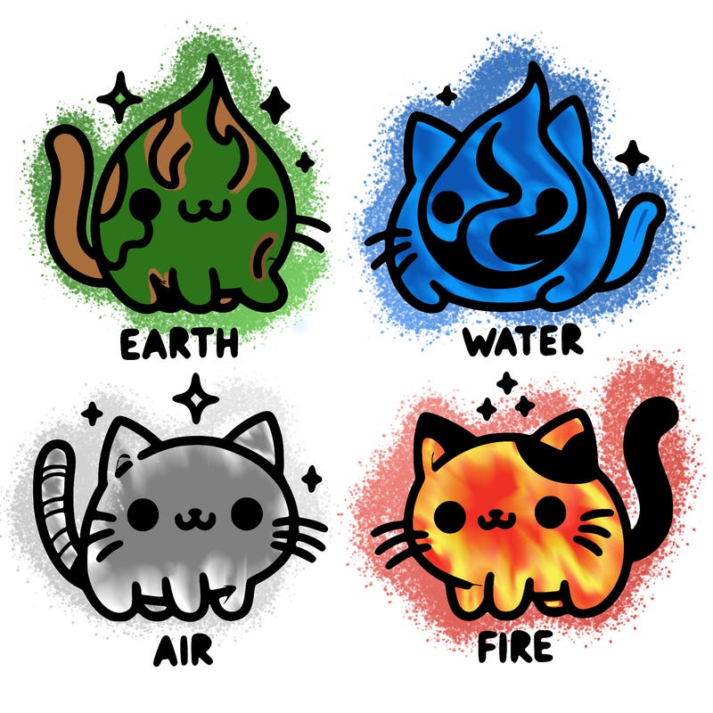 4 cats that represent the different elements, earth, water, air, and fire