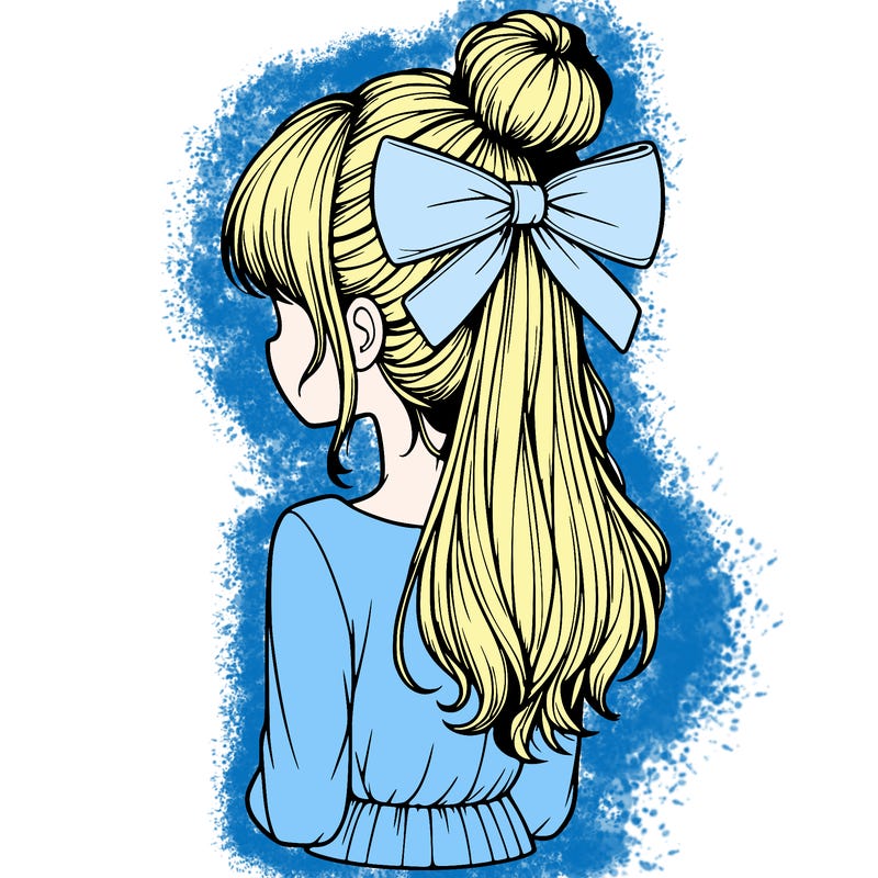 realistic girl  with hip length hair a bun and a big bow on the back of head