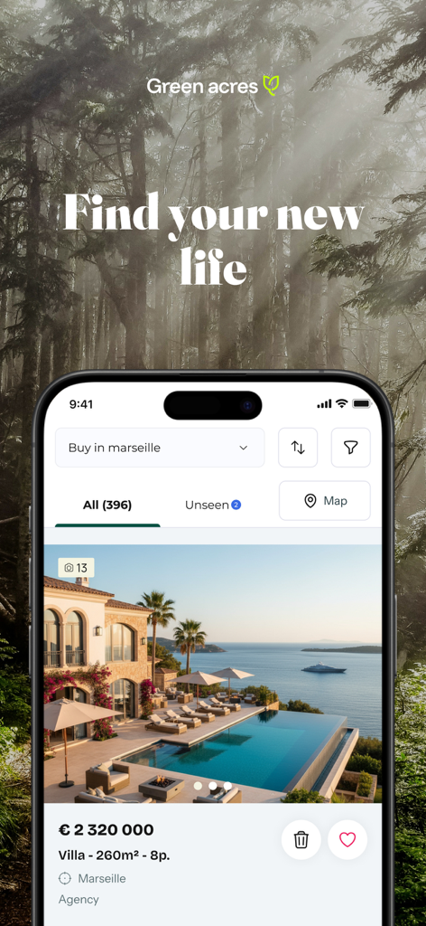 Green-Acres - Green Acres mobile App zeigt eine Luxusvillen-Anzeige in Marseille, Frankreich