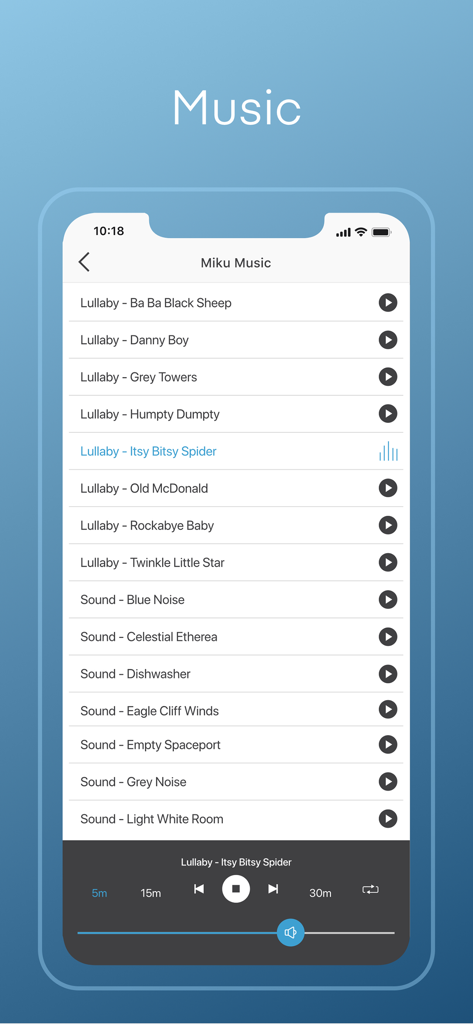 Aplicativo Miku Baby Monitor mostrando uma lista de canções de ninar e sons relaxantes para bebês.