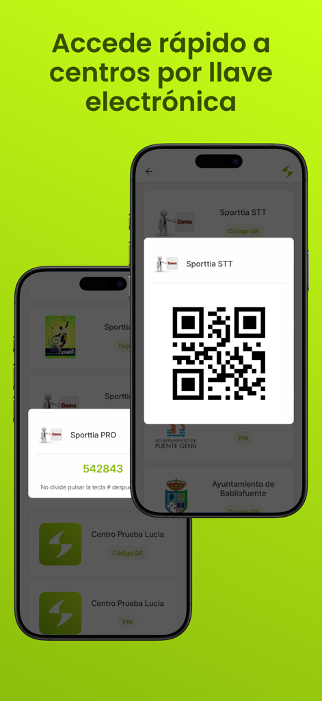 Aplicación móvil Sporttia mostrando un código QR y un PIN para acceso electrónico a centros deportivos