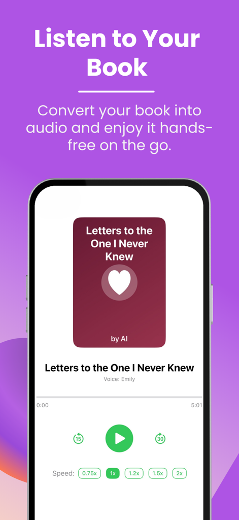 BookAI – Your Book Creator - A mobile screen showing an audiobook player with playback settings for an AI generated book