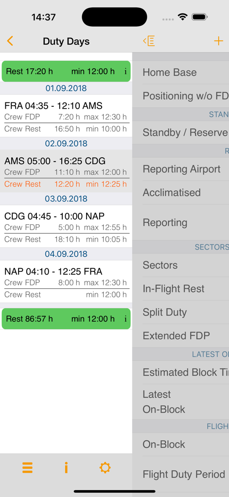 EASA FTL Calc - EASA FTL Calc app interface displaying duty days and flight time limitations for aviation crew