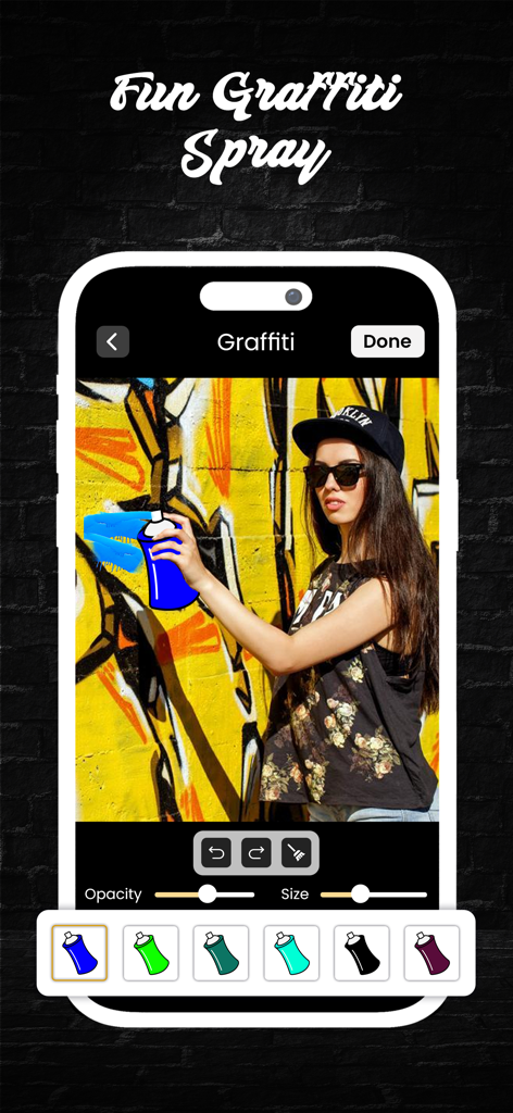 Graffiti Creator: Draw Text - Un'interfaccia digitale che mostra uno strumento spray utilizzato per creare graffiti su una foto