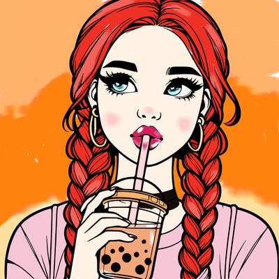 realistic girl with braided hair drinking boba
