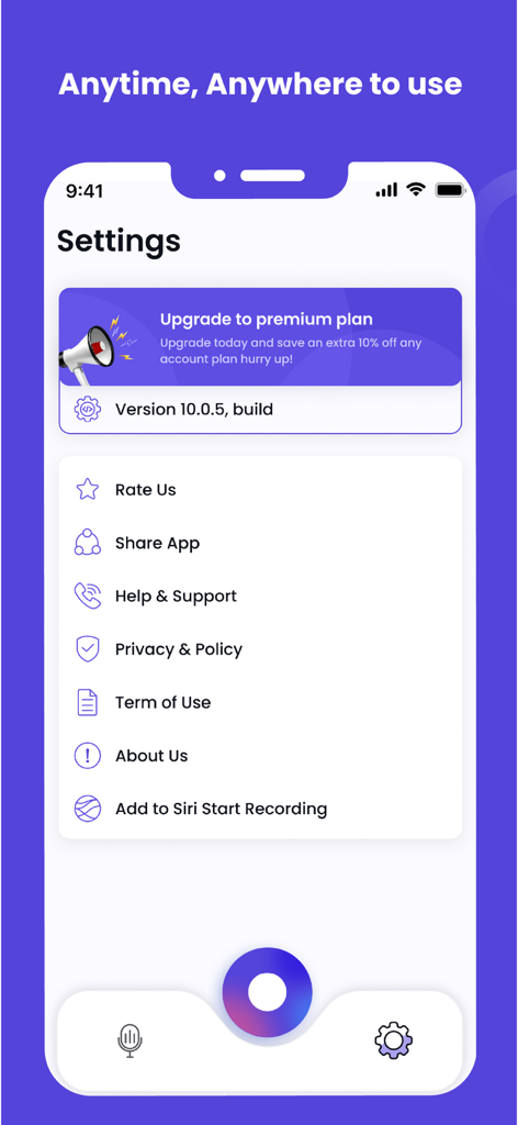 Voice Notes Ai-Speech to Text - 프리미엄 업그레이드 옵션 및 시스템 구성을 보여주는 Voice Notes AI 앱의 설정 화면