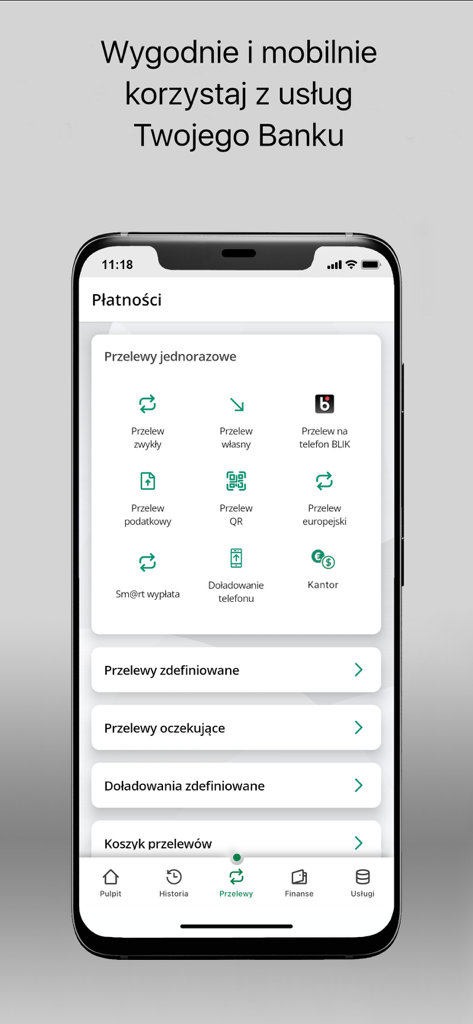 Express Bank - Express Bank mobile app interface showing various payment and transfer options in Polish
