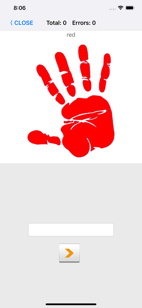 Learn Portuguese words with ST - Interfaz de prueba de ortografía en la aplicación de aprendizaje de portugués para colores, con una huella de mano roja