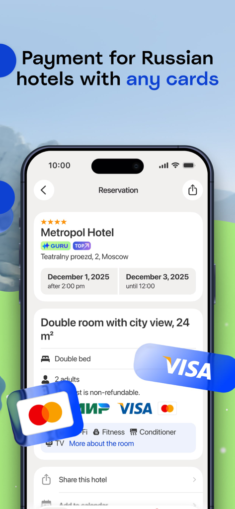 Ostrovok – Book a Hotel - Ostrovok app screen showing hotel reservation details and payment card options