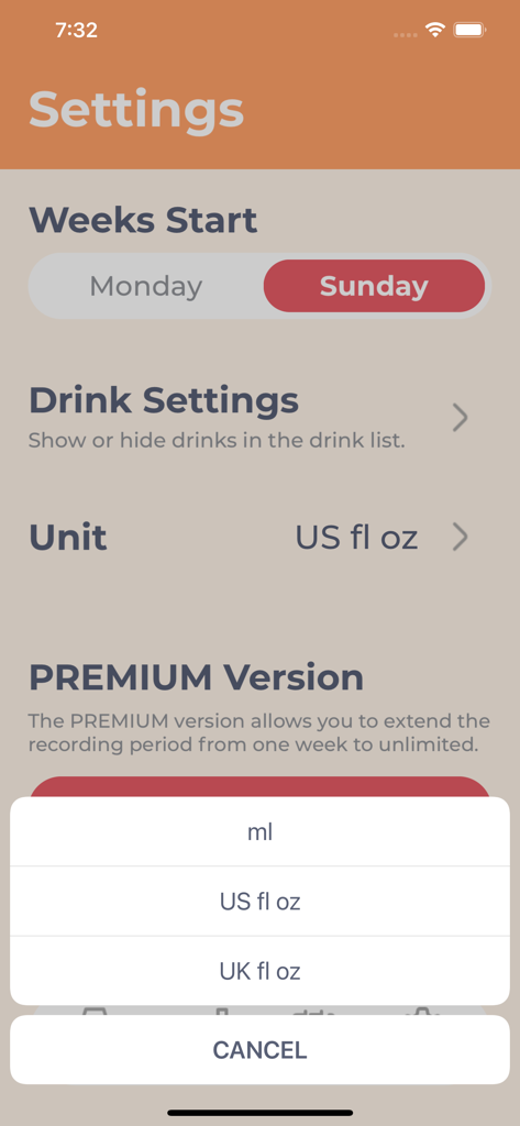 Drinking Log - Settings screen of the Drinking Log app showing volume unit selection options including milliliters and US fluid ounces