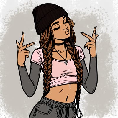 realistic teenage girl with braids and a beanie and crop top doing 🫶🏼