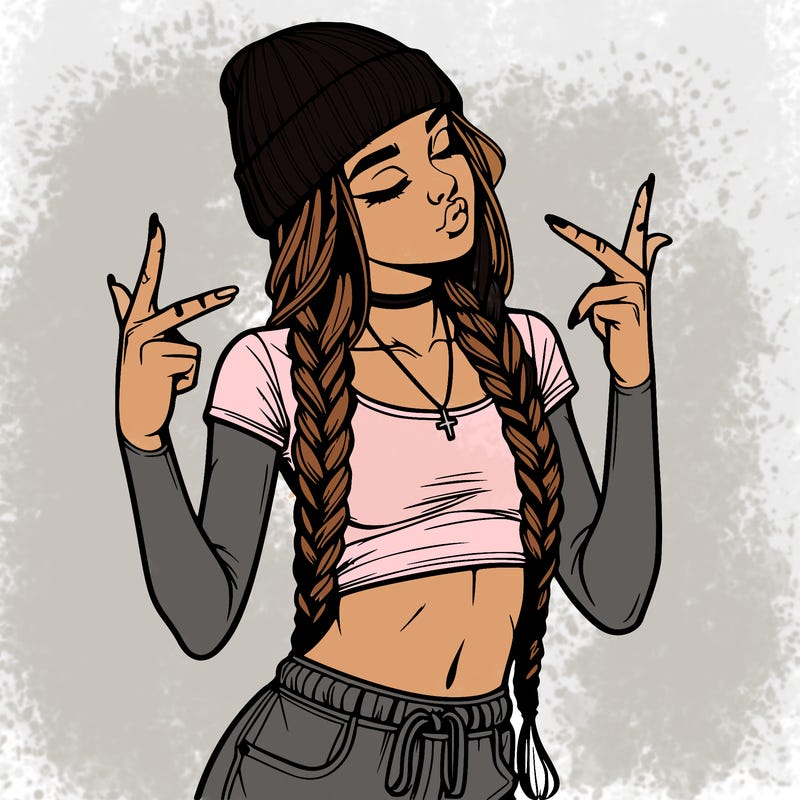 realistic teenage girl with braids and a beanie and crop top doing 🫶🏼