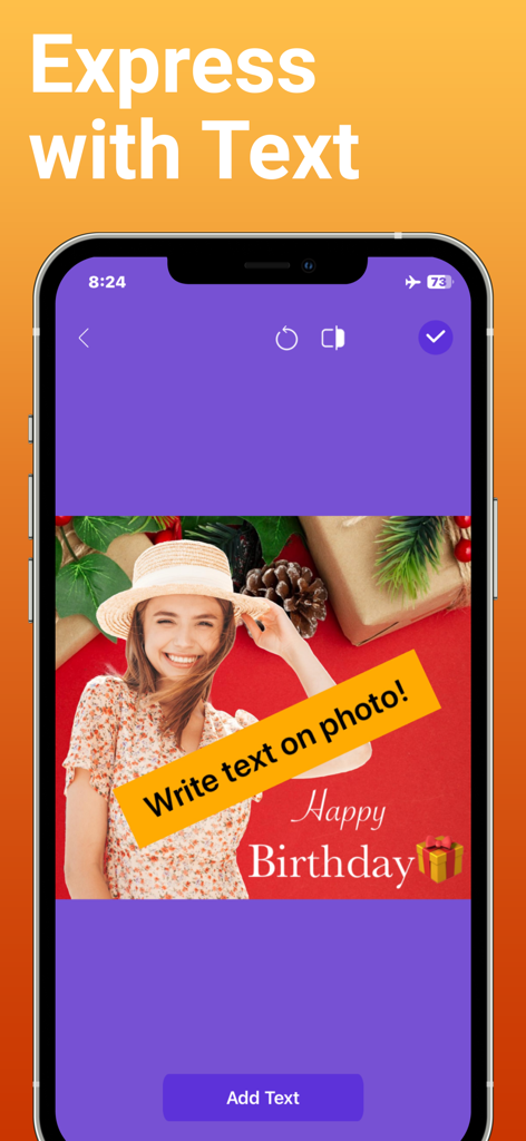BeautyTune - Blemish Remover - Una pantalla de smartphone mostrando la función de la aplicación BeautyTune para añadir texto personalizado y saludos de cumpleaños a una foto.