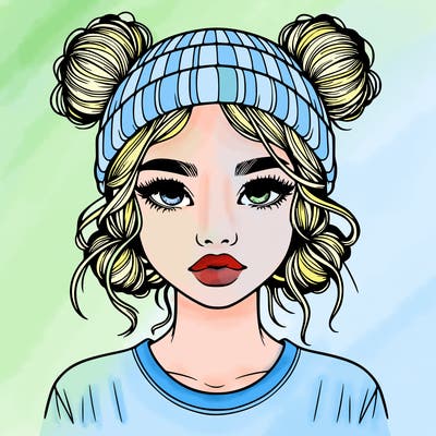 realistic girl with buns in her hair with a beanie on