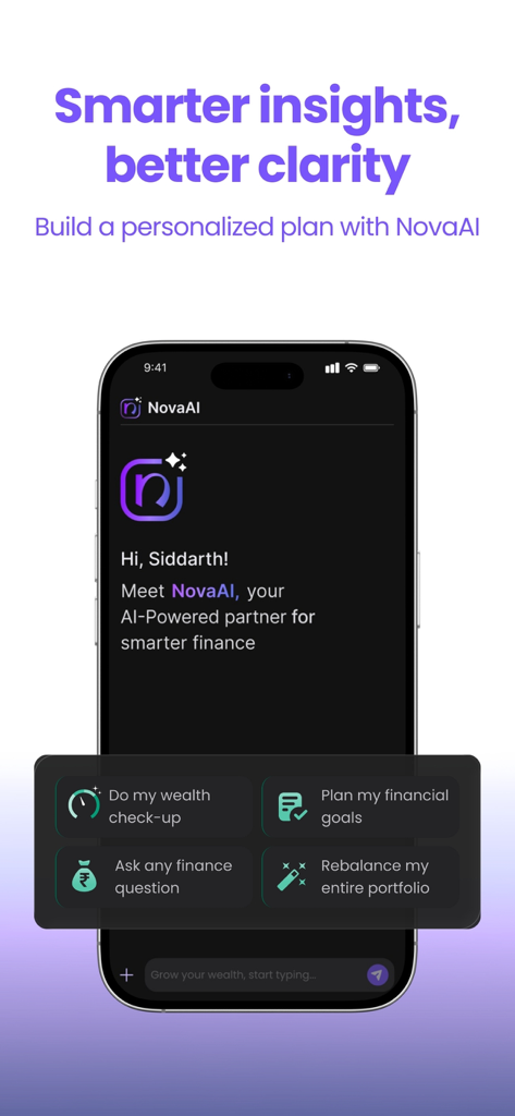 Novelty Wealth: Money Planner - Novelty Wealth app screenshot showing NovaAI finance assistant interface with options for wealth checkup and goal planning