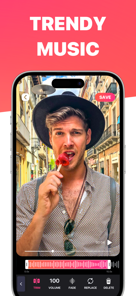 Reel Maker - Reel Maker mobile app interface showing video editing tools and trendy music selection feature
