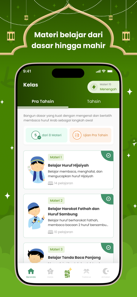 Ngaji.ai mobile app screen showing basic Quran recitation lessons and progress tracker.