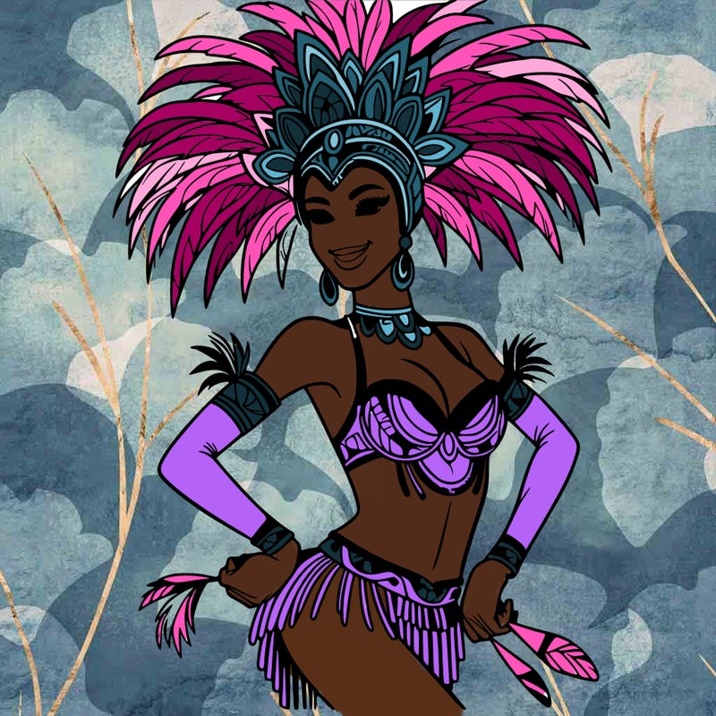a samba dancer in colorful costume.