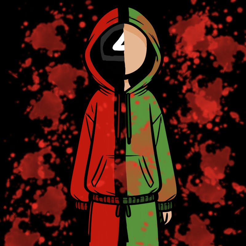 faceless girl in a tracksuit with a hood on and no hair