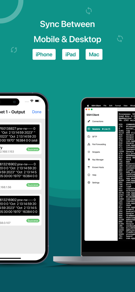 SSH, SFTP Client, iSH, Putty - SSH and SFTP client interface on iPhone and Mac showing device synchronization