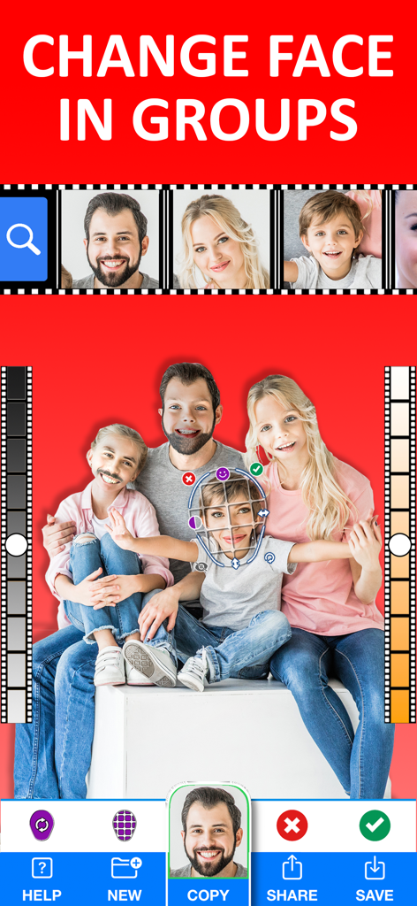 Face Swap Booth Photo Changer - Interface of Face Swap Booth app showing a family photo with faces being swapped and edited