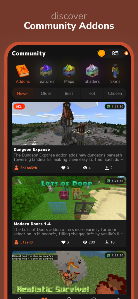 Community addons screen in the MCLIB app showing various Minecraft mods maps and textures