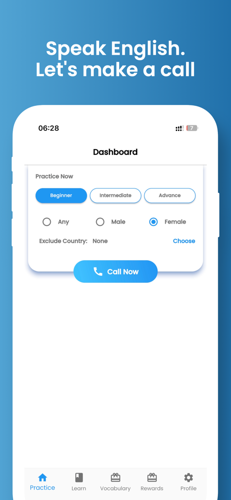 Panel de la aplicación Speak English Online que muestra niveles de competencia y filtros de género para iniciar una llamada de práctica en vivo