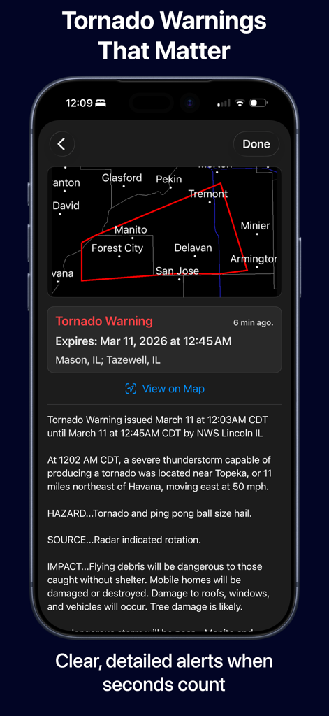 Radar Pro X - A detailed tornado warning alert screen in the Radar Pro X app showing map polygons and severe weather information.